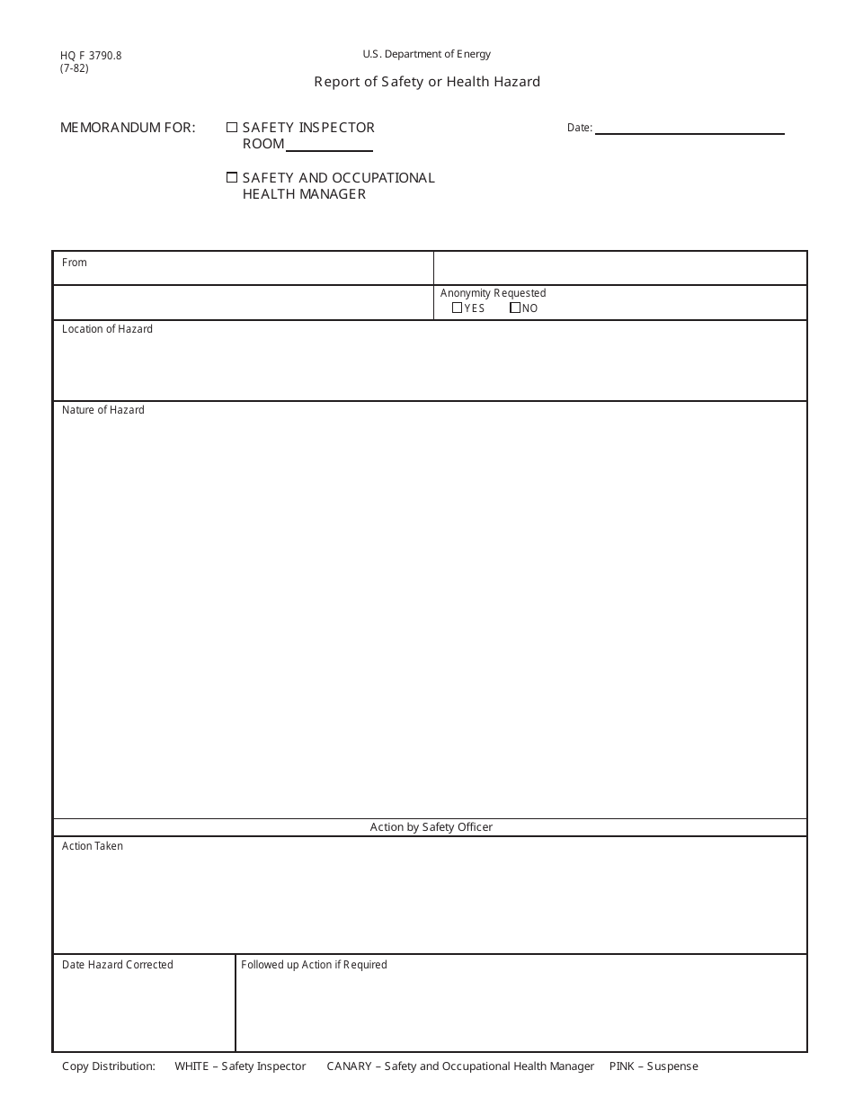 DOE HQ Form 3790.8 Report of Safety or Health Hazard, Page 1