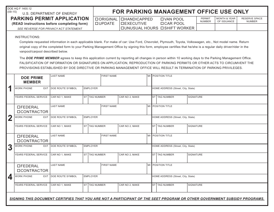 DOE HQ Form 1400.12 Parking Permit Application, Page 1