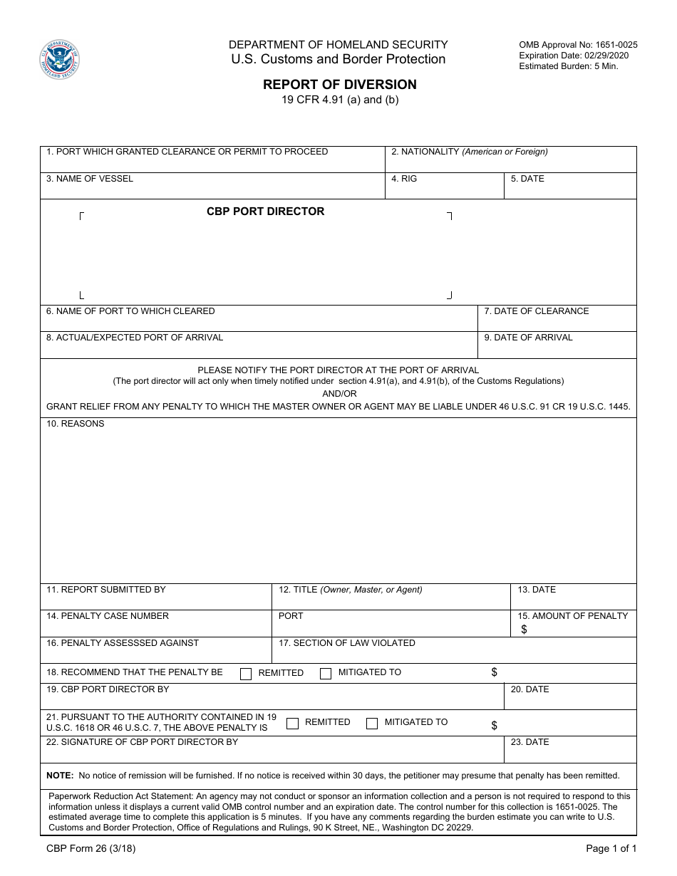 CBP Form 26 Report of Diversion, Page 1