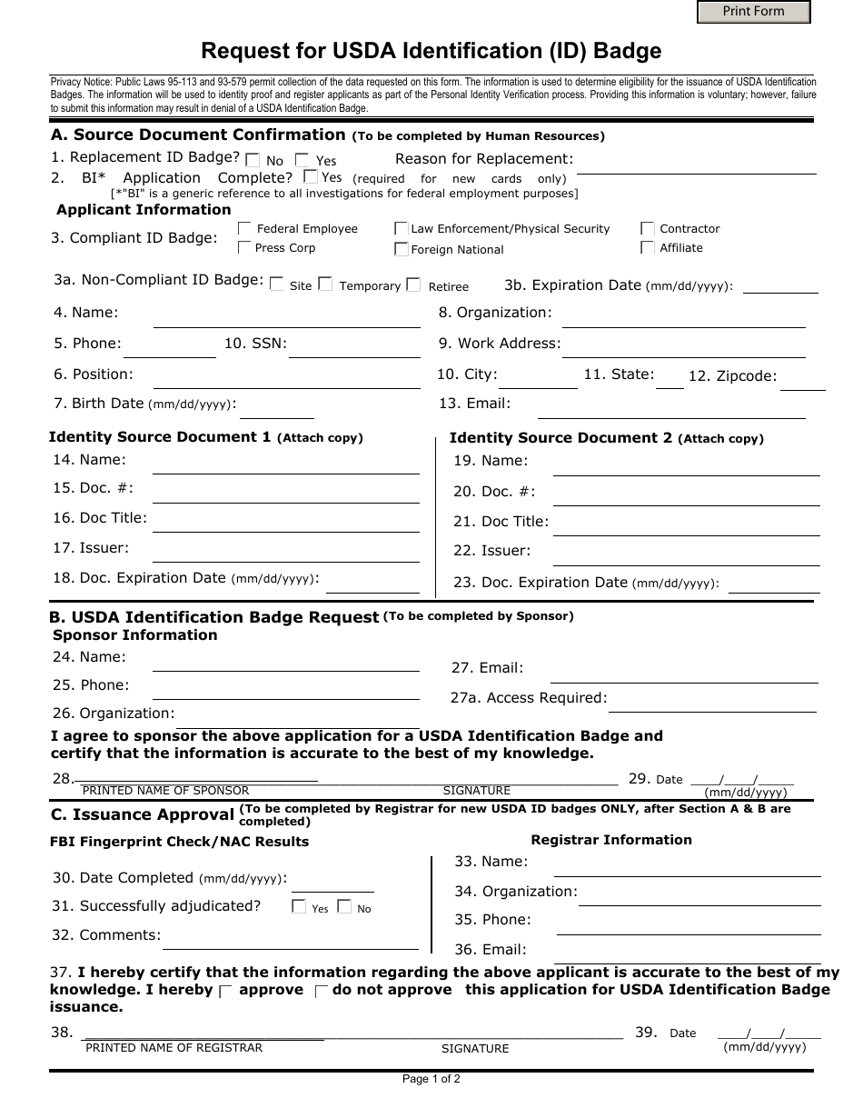 Form AD-1997 Request for Usda Identification (Id) Badge, Page 1