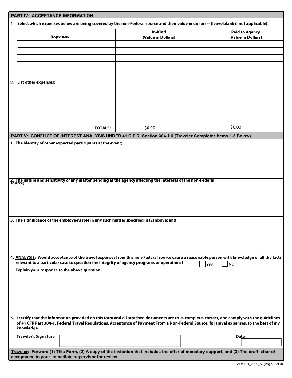Form AD-1101 Approval and Report of Travel Funds Received From Non-federal Sources, Page 3