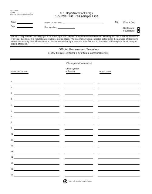 DOE HQ Form 1511.1  Printable Pdf