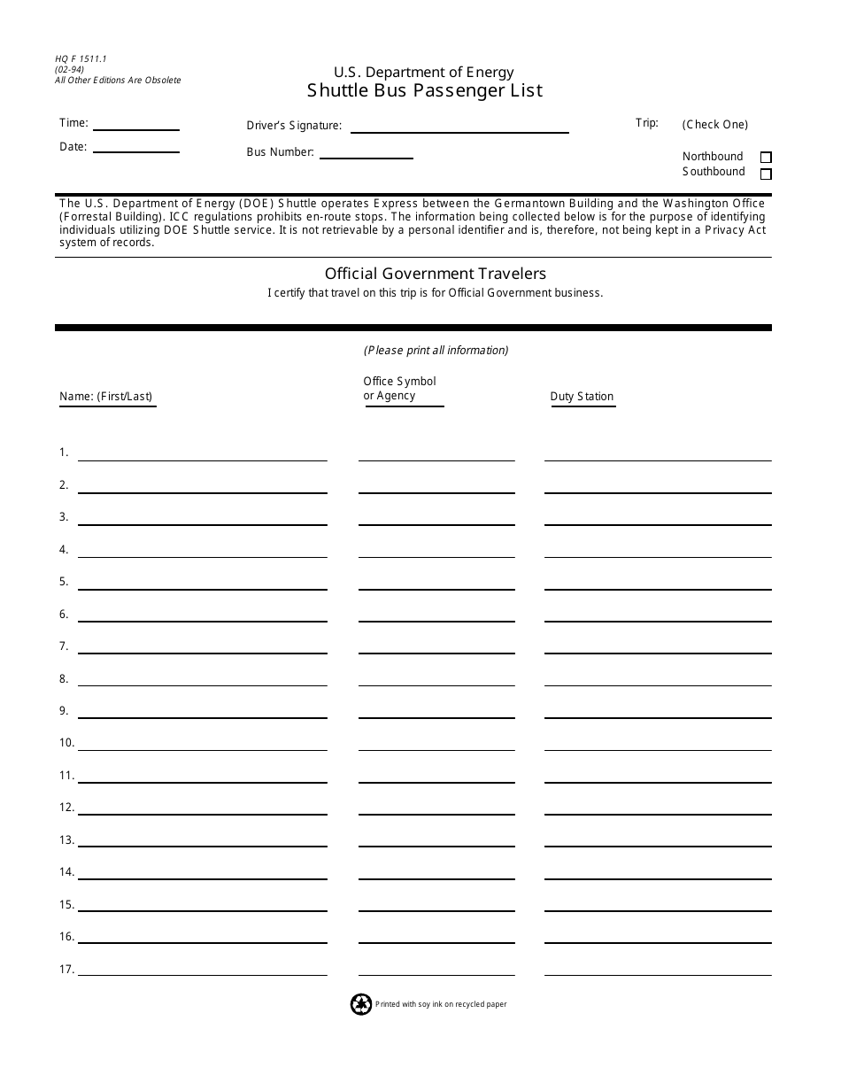 DOE HQ Form 1511.1 Shuttle Bus Passenger List, Page 1
