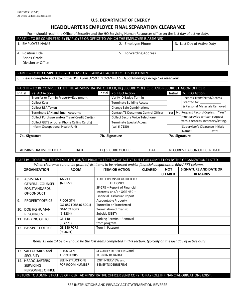 DOE HQ Form 3293.1 Headquarters Employee Final Separation Clearance, Page 1