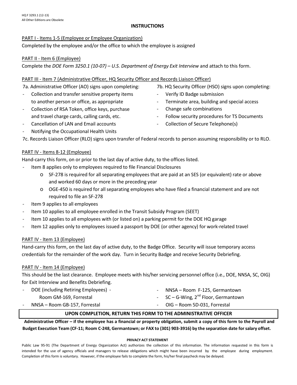 DOE HQ Form 3293.1 Headquarters Employee Final Separation Clearance, Page 2