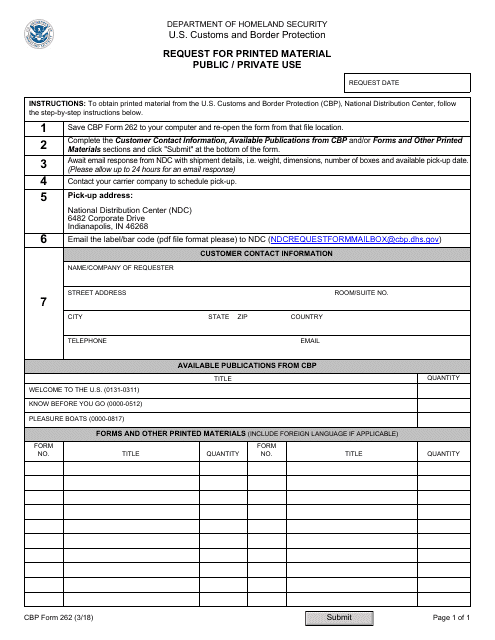 CBP Form 262  Printable Pdf