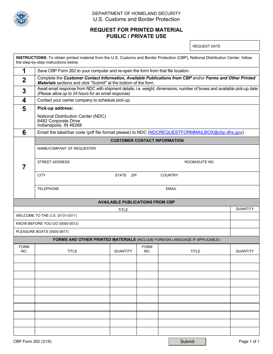 CBP Form 262 Request for Printed Material Public / Private Use, Page 1