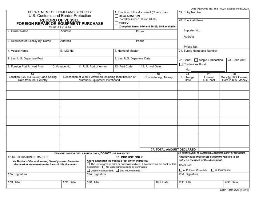 CBP Form 226  Printable Pdf