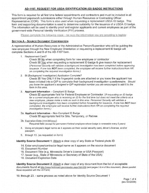 Instructions for Form AD-1997 Request for Usda Identification (Id) Badge