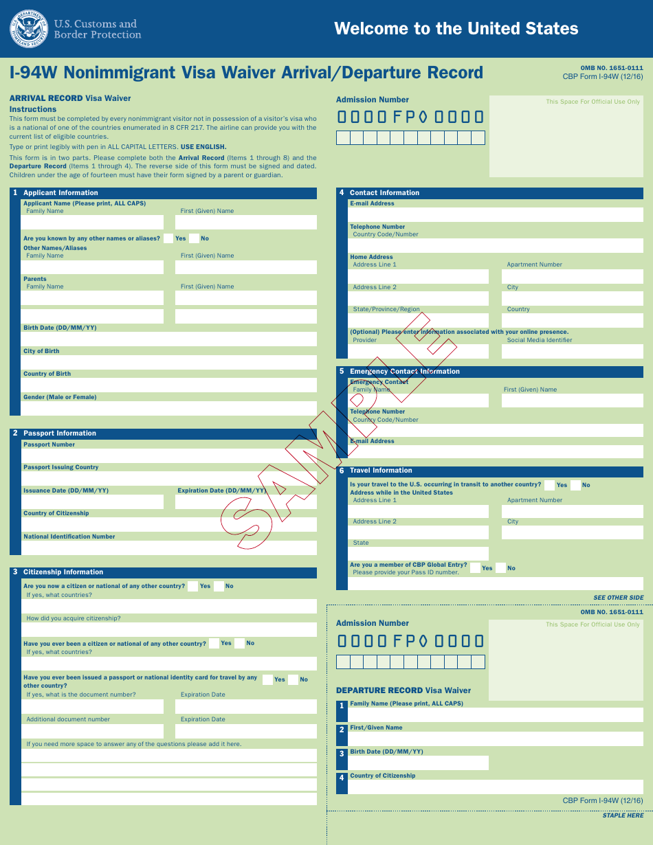 Sample CBP Form I-94W Nonimmigrant Visa Waiver Arrival / Departure Record, Page 1