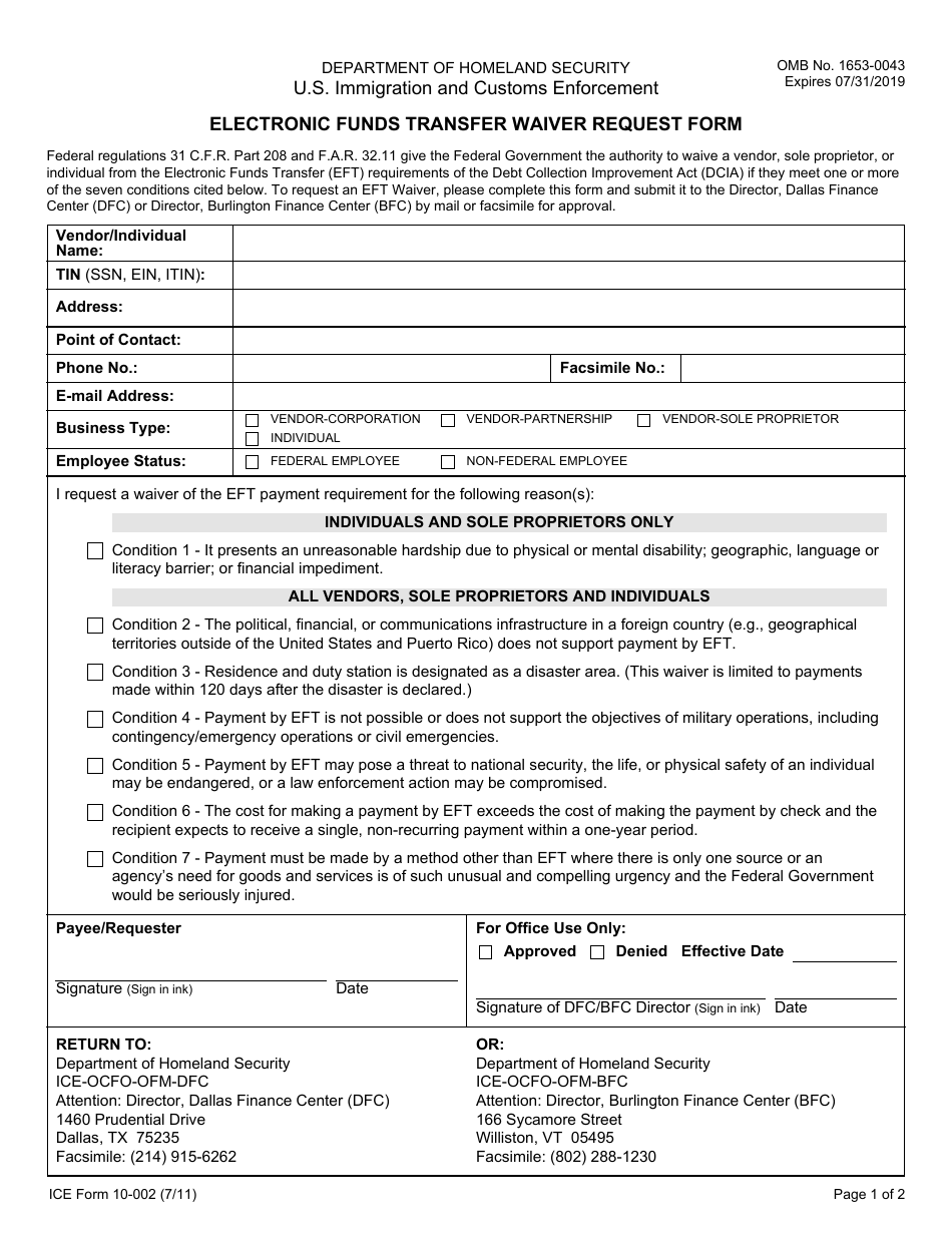 ICE Form 10-002 Electronic Funds Transfer Waiver Request Form, Page 1