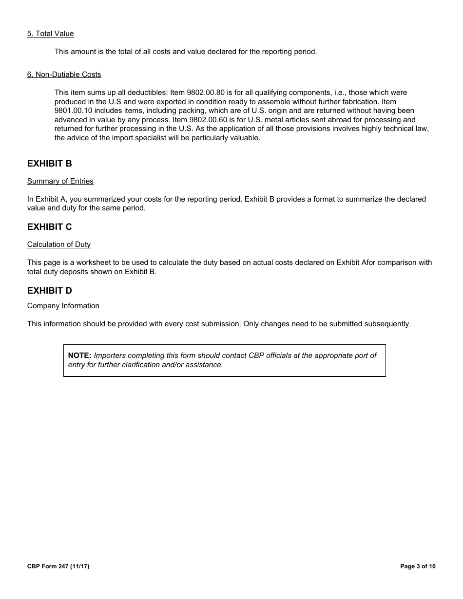 CBP Form 247 Cost Submission, Page 3