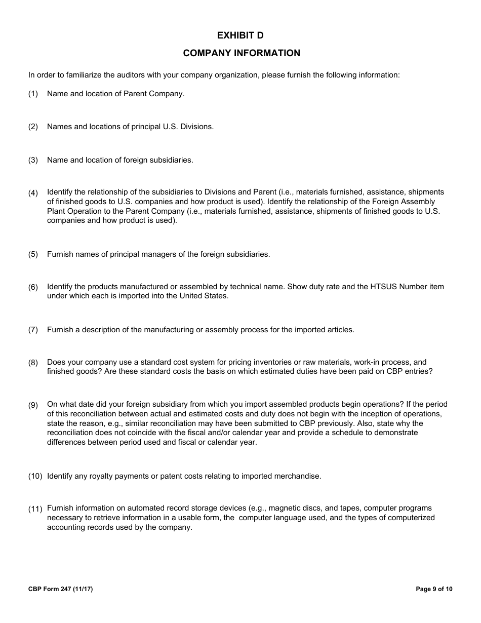 CBP Form 247 Cost Submission, Page 9
