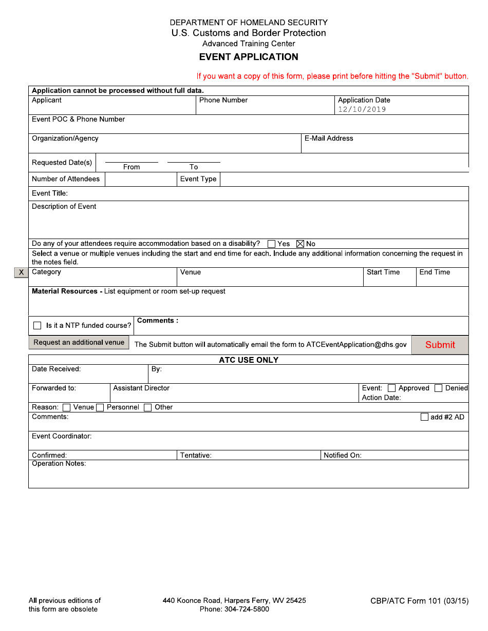 CBP Form 101 CBP Advanced Training Center (Atc) Event Application, Page 1
