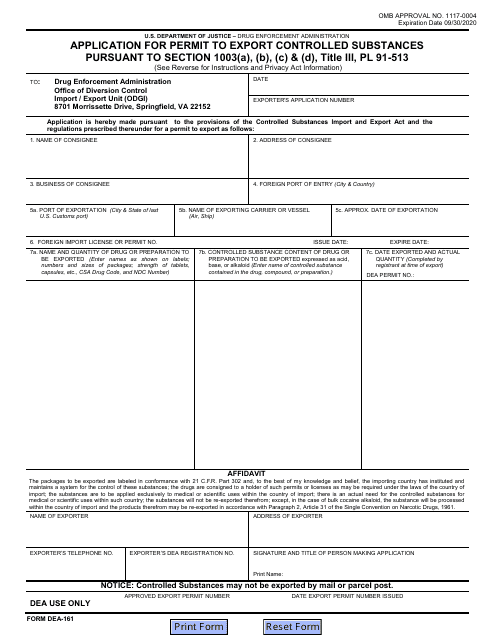 Form DEA-161 Application for Permit to Export Controlled Substances