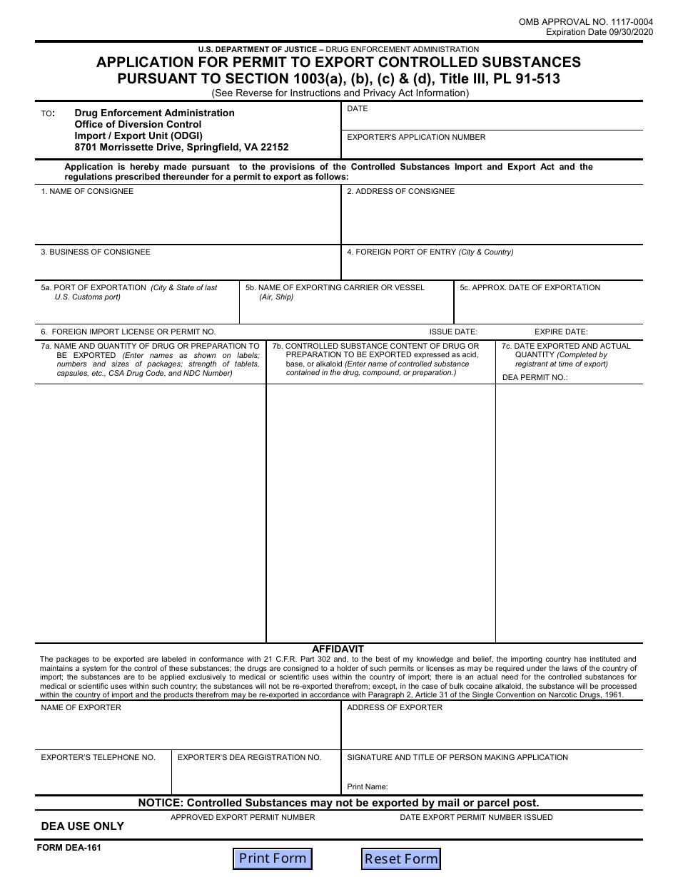Form DEA-161 Application for Permit to Export Controlled Substances, Page 1