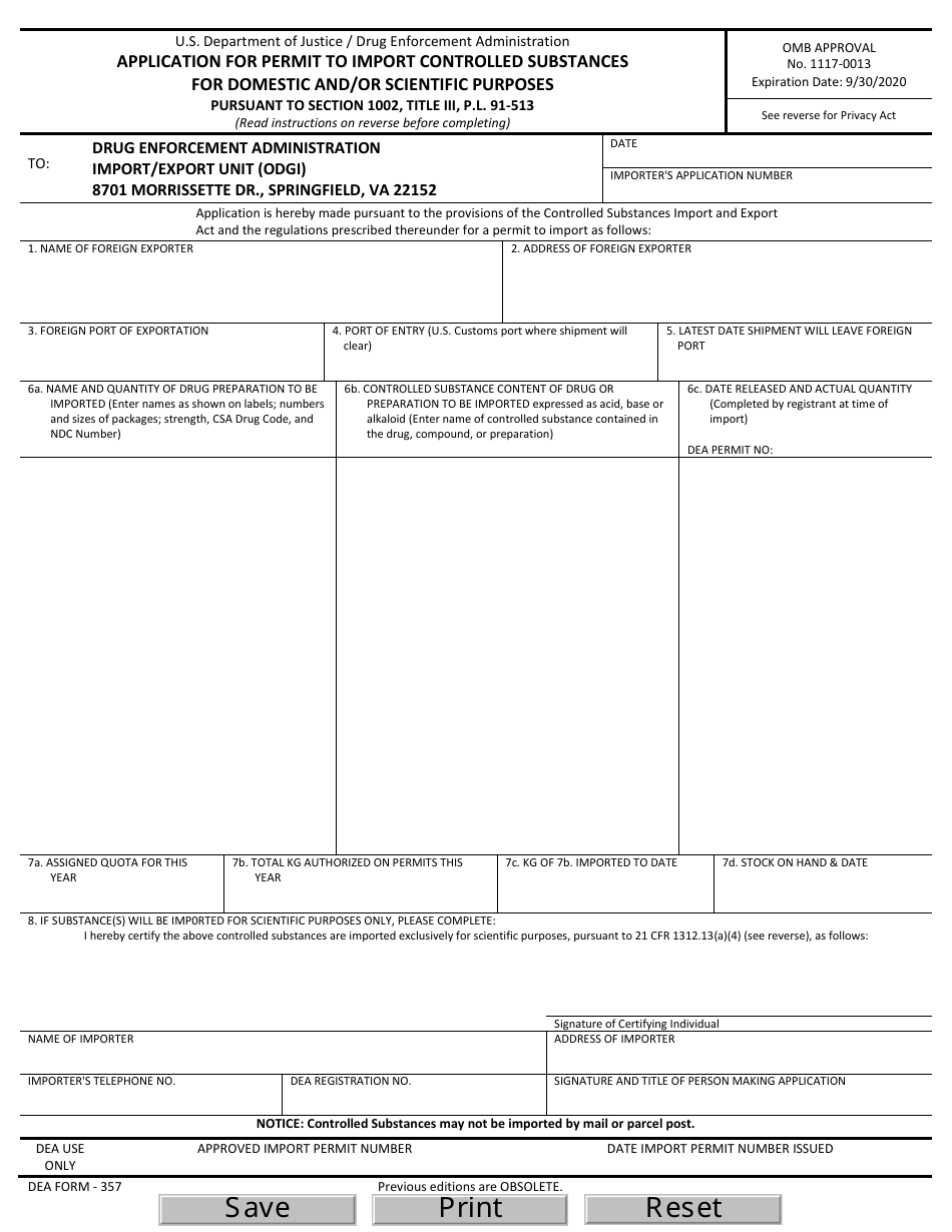 DEA Form 357 Application for Permit to Import Controlled Substances for Domestic and/or Scientific Purposes, Page 1