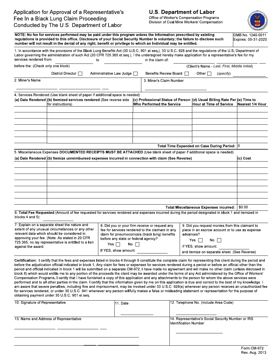 Form CM-972 Application for Approval of a Representative's Fee in a Black Lung Claim Proceeding Conducted by the U.S. Department of Labor, Page 1