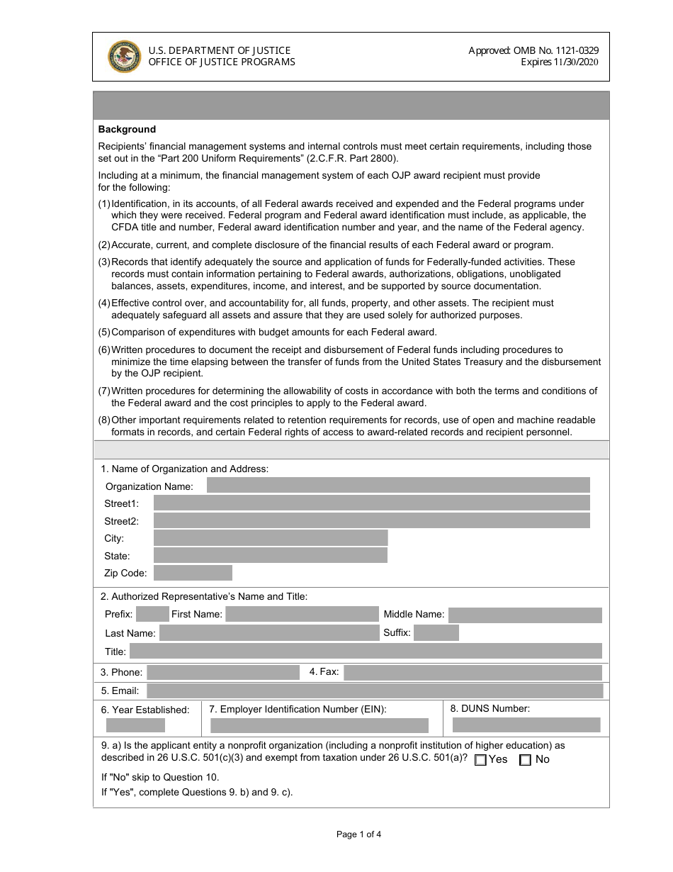 Financial Management and System of Internal Controls Questionnaire, Page 1