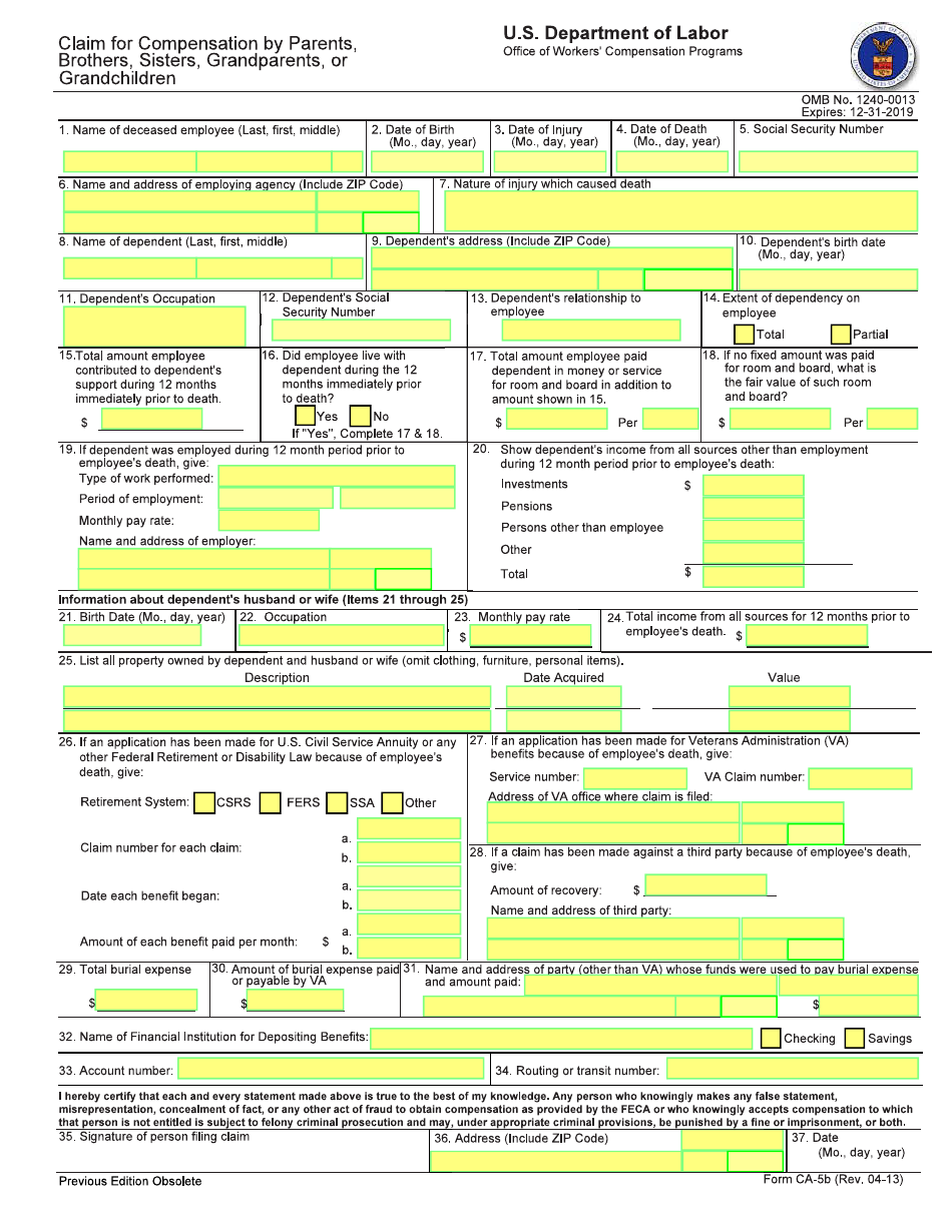 Form CA-5B Claim for Compensation by Parents, Brothers, Sisiters, Grandparents, or Grandchildren, Page 1