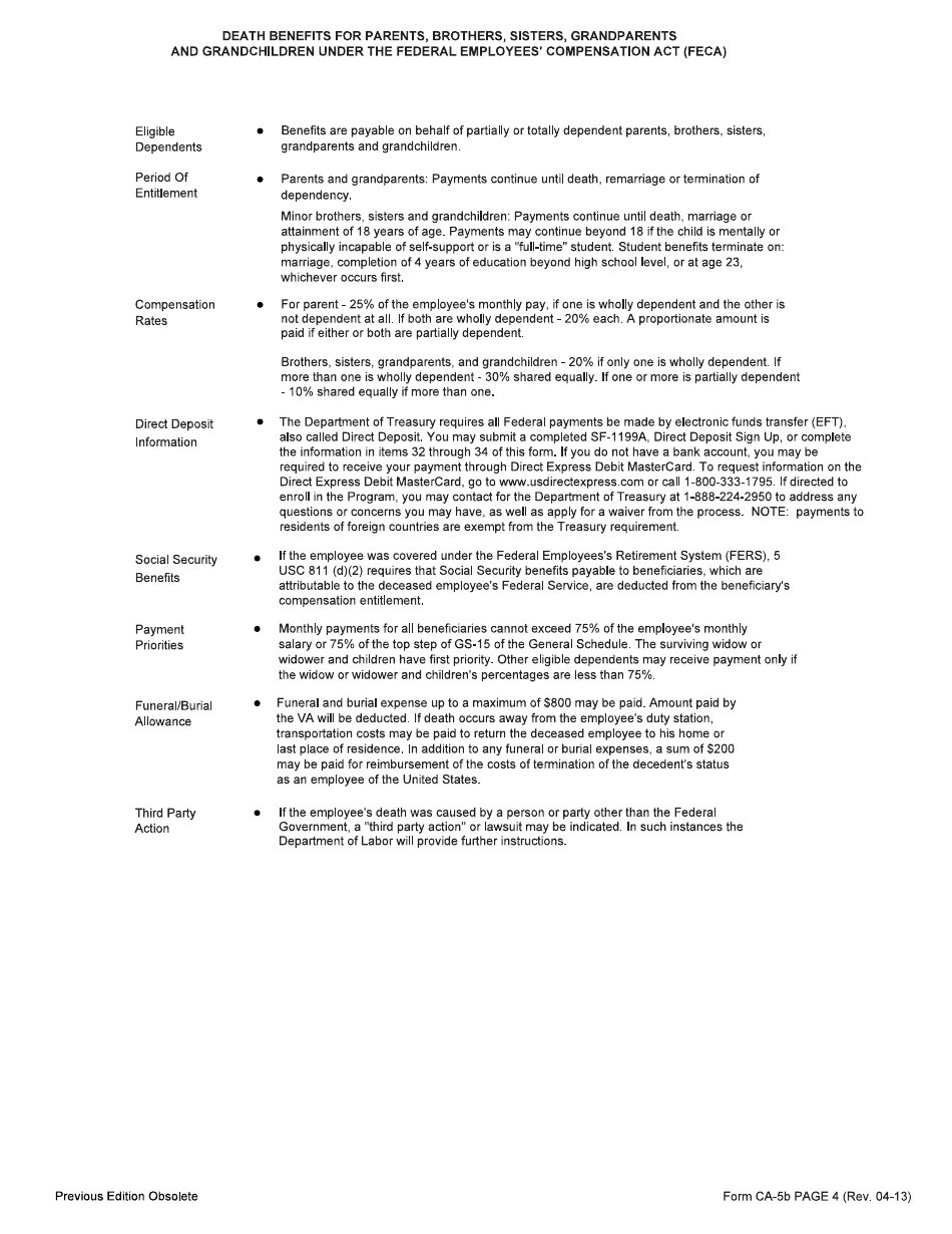 Form CA-5B Claim for Compensation by Parents, Brothers, Sisiters, Grandparents, or Grandchildren, Page 4