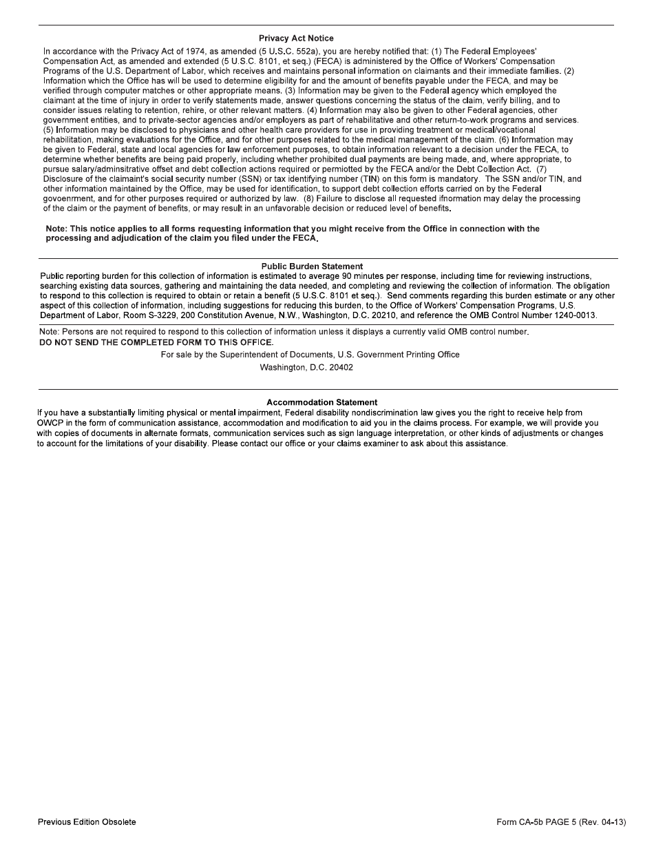 Form CA-5B Claim for Compensation by Parents, Brothers, Sisiters, Grandparents, or Grandchildren, Page 5
