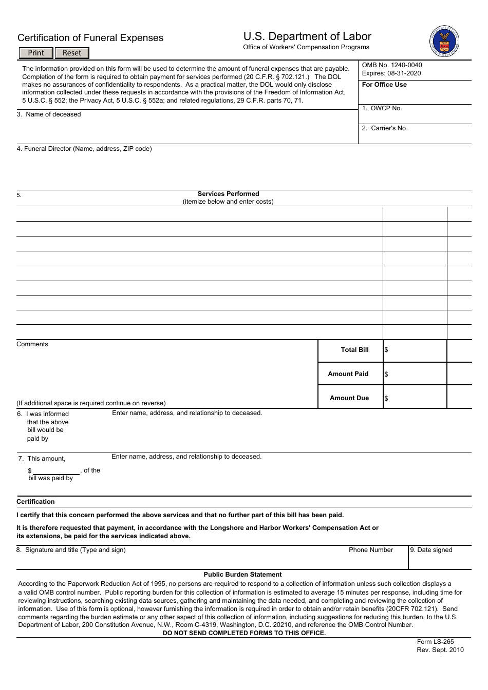 Form LS-265 Certification of Funeral Expenses, Page 1