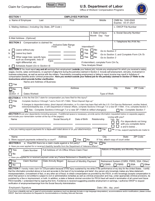 Form CA-7  Printable Pdf