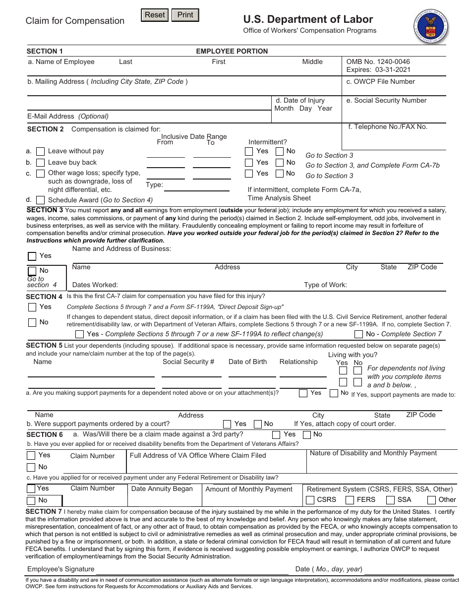 Form CA-7 Claim for Compensation, Page 1