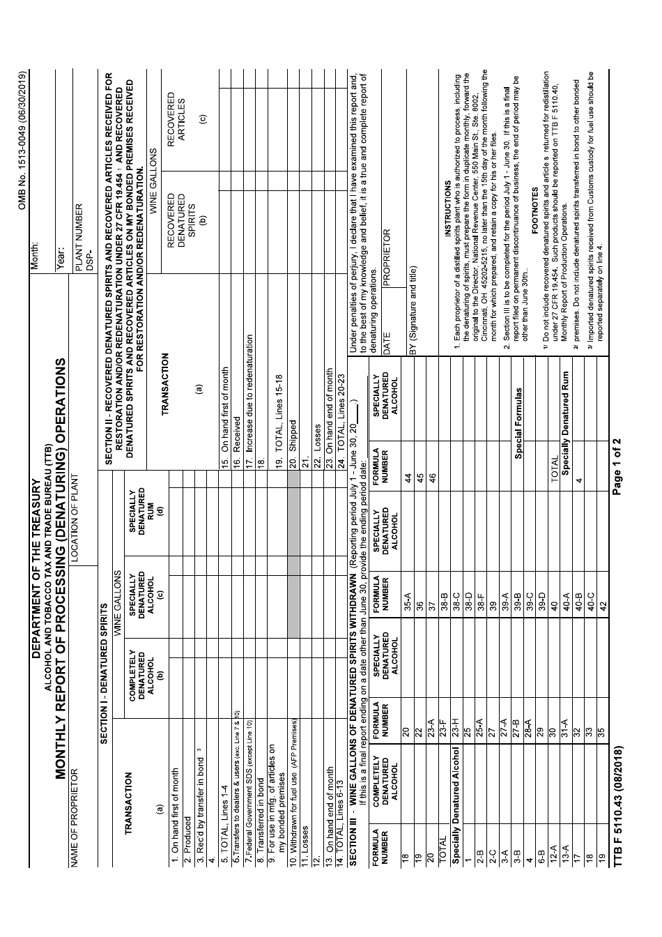 TTB Form 5110.43 Monthly Report of Processing (Denaturing) Operations, Page 1