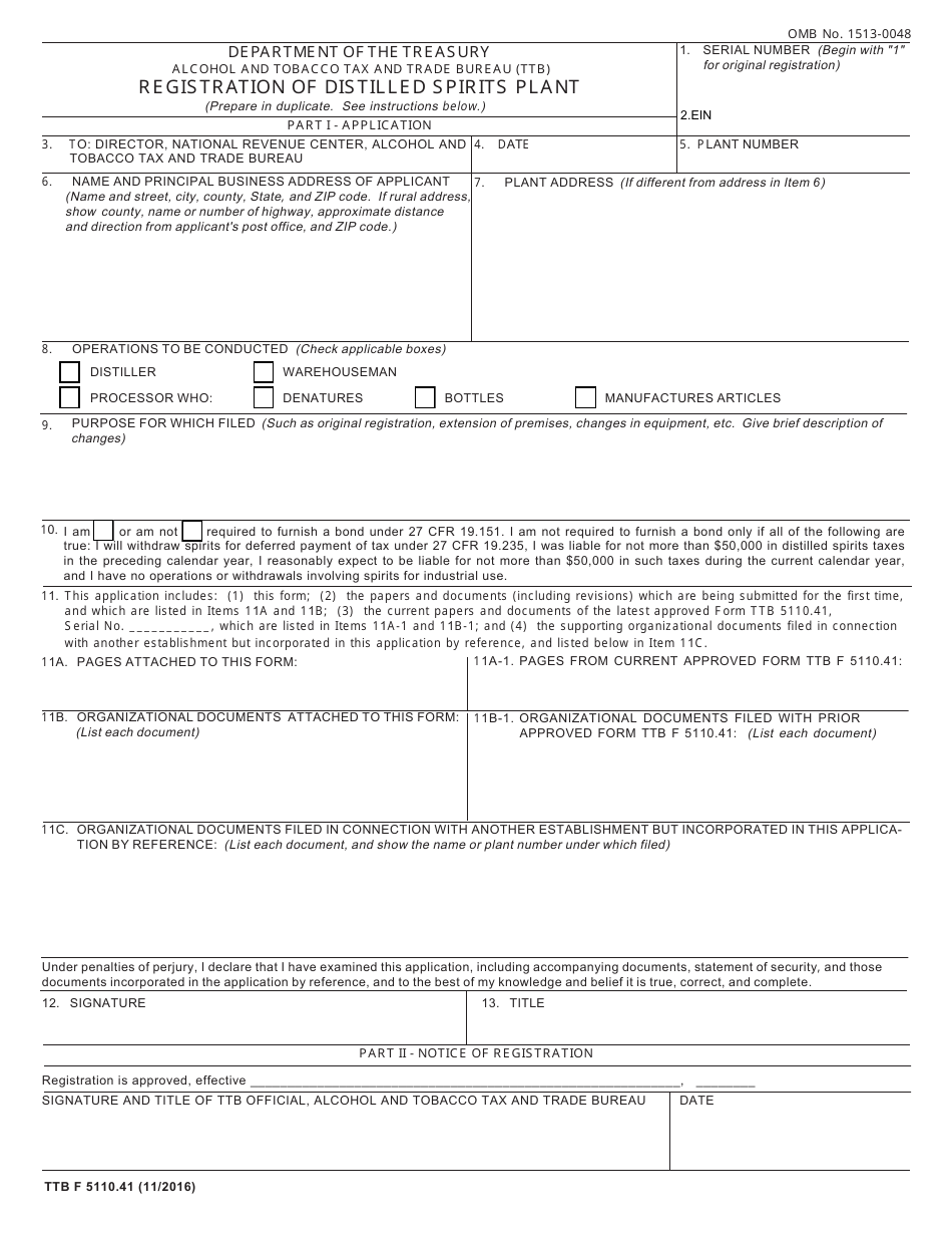 TTB Form 5110.41 Registration of Distilled Spirits Plant, Page 1