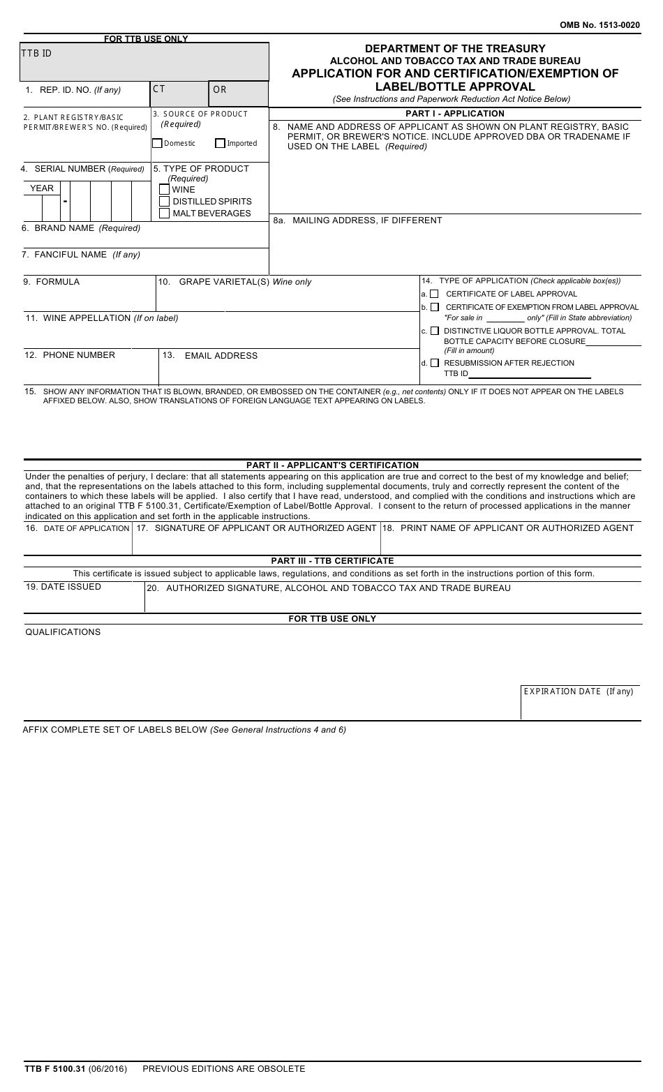 TTB Form 5100.31 Application for and Certification / Exemption of Label / Bottle Approval, Page 1