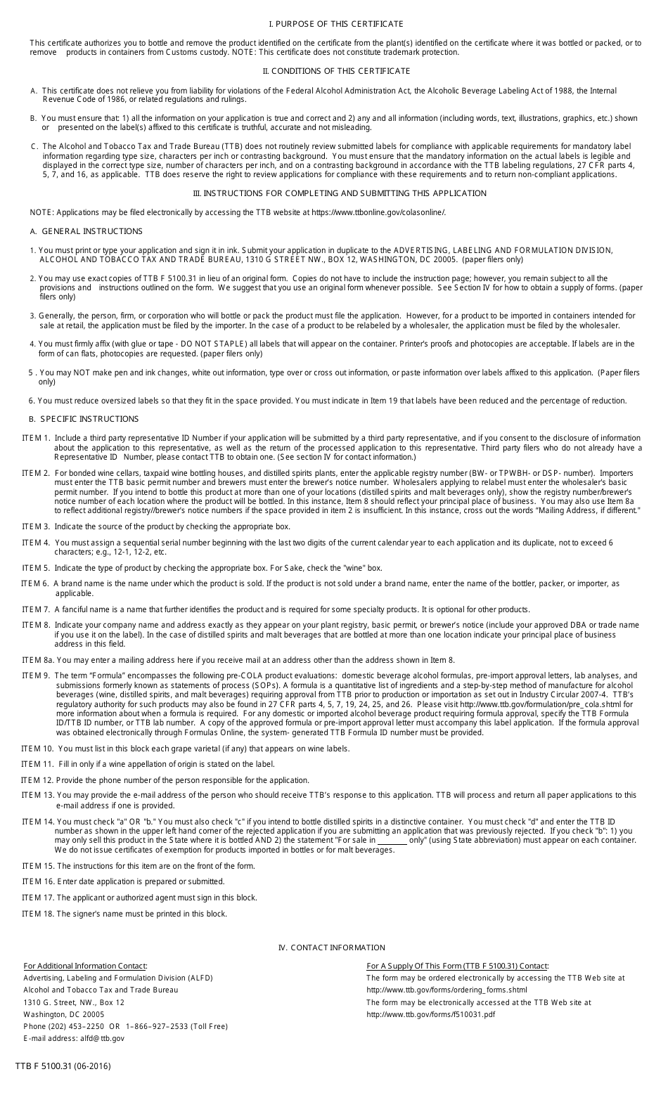 TTB Form 5100.31 Application for and Certification / Exemption of Label / Bottle Approval, Page 2