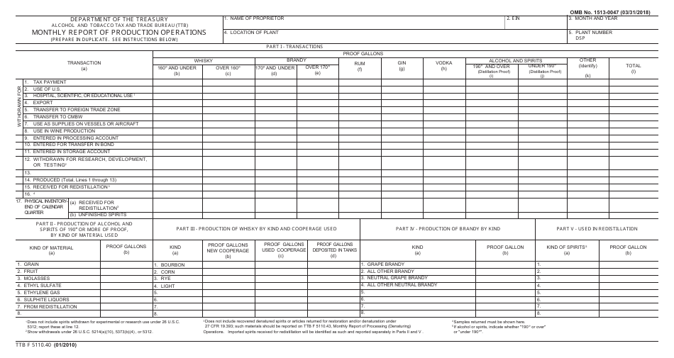 TTB Form 5110.40 Monthly Report of Production Operations, Page 1