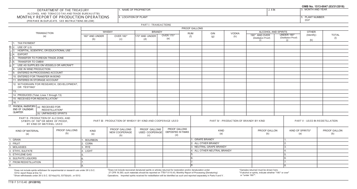 TTB Form 5110.40 Monthly Report of Production Operations