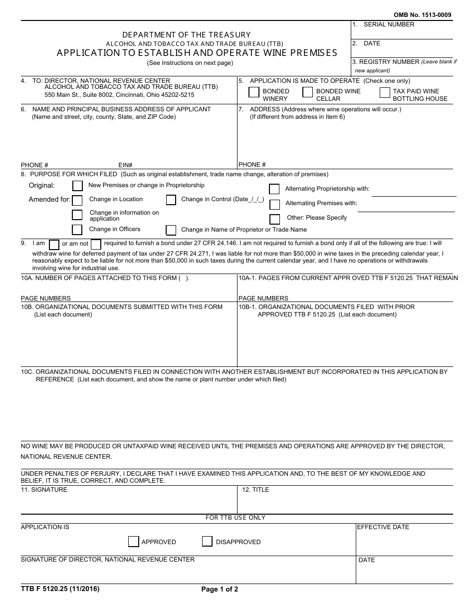 TTB Form 5120.25 Application to Establish and Operate Wine Premises, Page 1