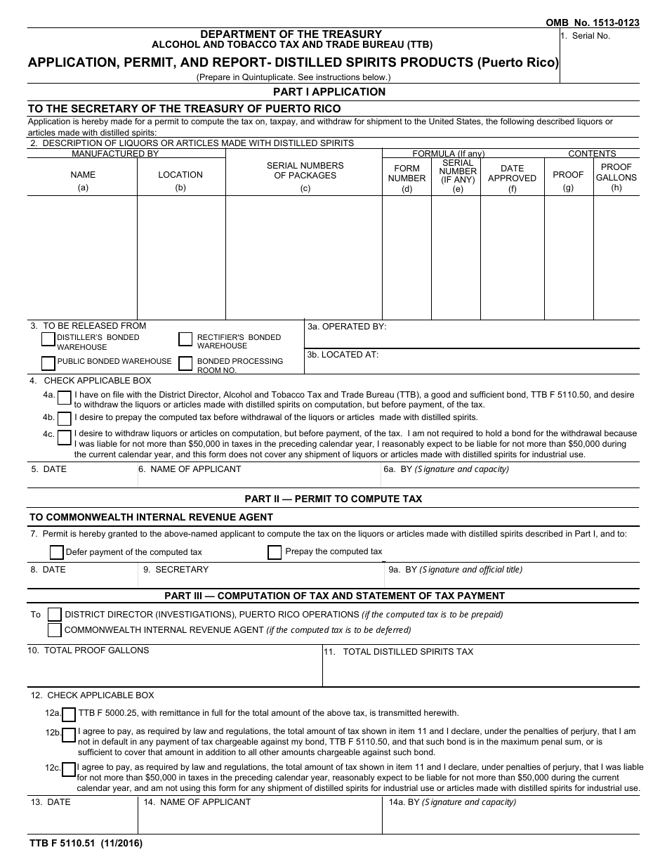 TTB Form 5110.51 Application, Permit, and Report- Distilled Spirits Products (Puerto Rico), Page 1