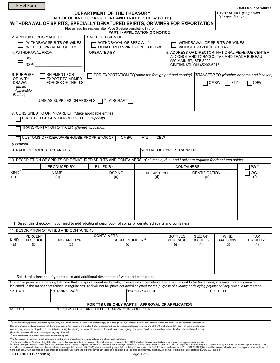 TTB Form 5100.11 Withdrawal of Spirits, Specially Denatured Spirits, or Wines for Exportation, Page 1