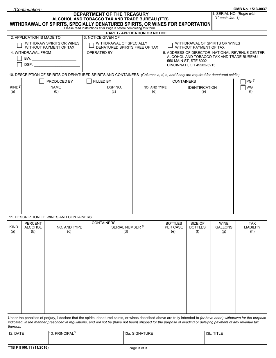 TTB Form 5100.11 Withdrawal of Spirits, Specially Denatured Spirits, or Wines for Exportation, Page 3