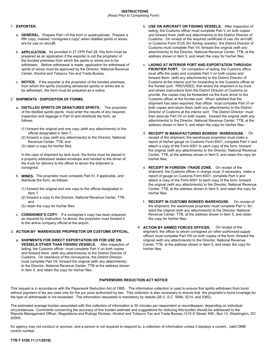 TTB Form 5100.11 Withdrawal of Spirits, Specially Denatured Spirits, or Wines for Exportation, Page 4