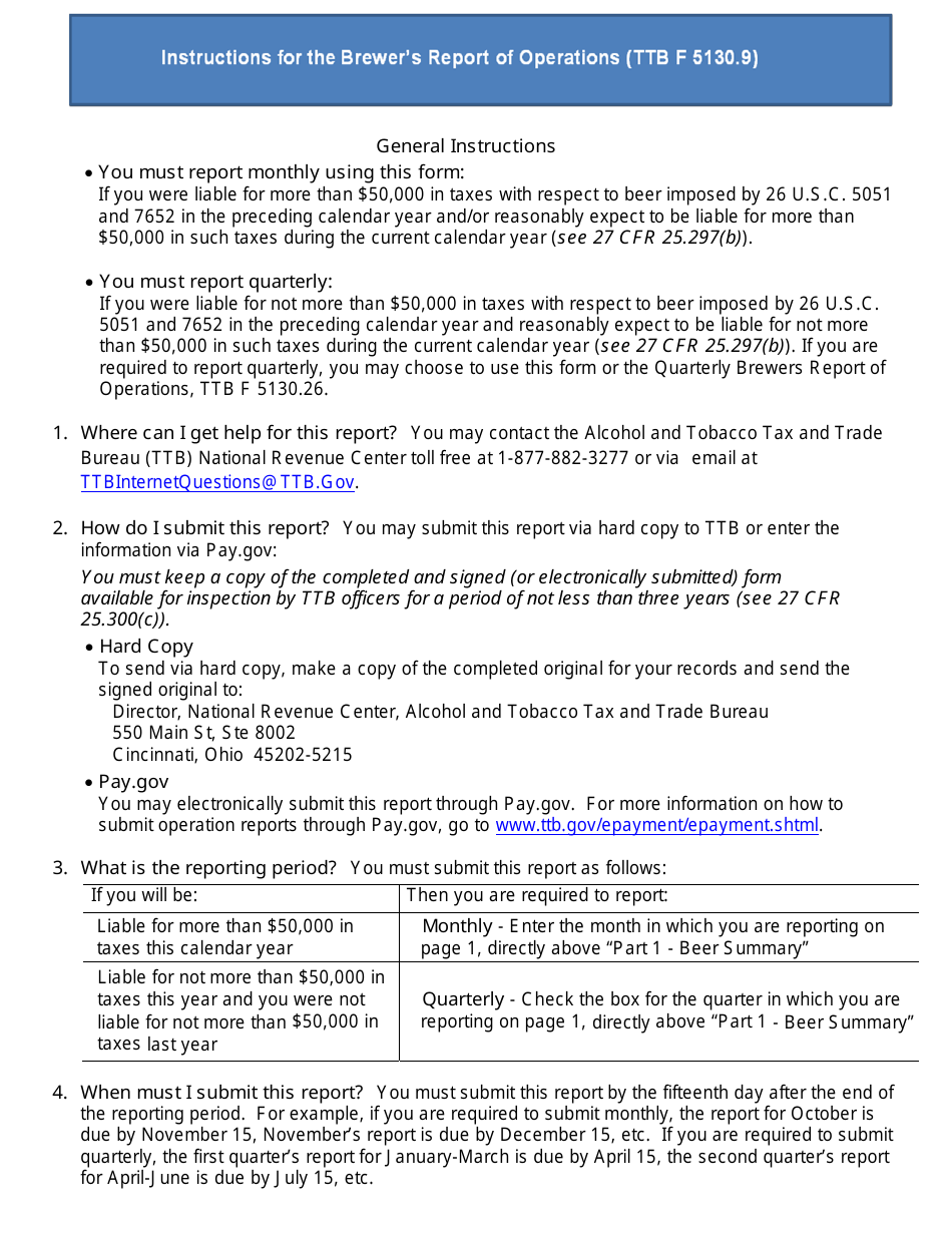 Instructions for TTB Form 5130.9 Brewers Report of Operations, Page 1