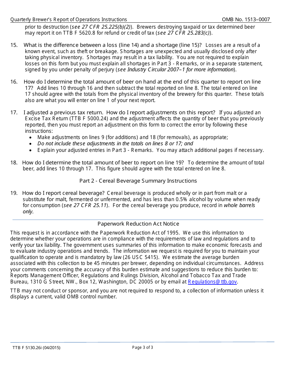 Instructions for TTB Form 5130.26SM Quarterly Brewers Report of Operations, Page 3