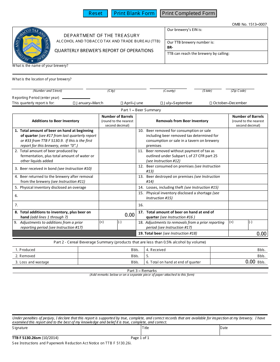 TTB Form 5130.26SM Quarterly Brewers Report of Operations, Page 1