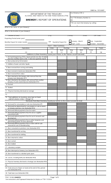 TTB Form 5130.9 Brewer's Report of Operations