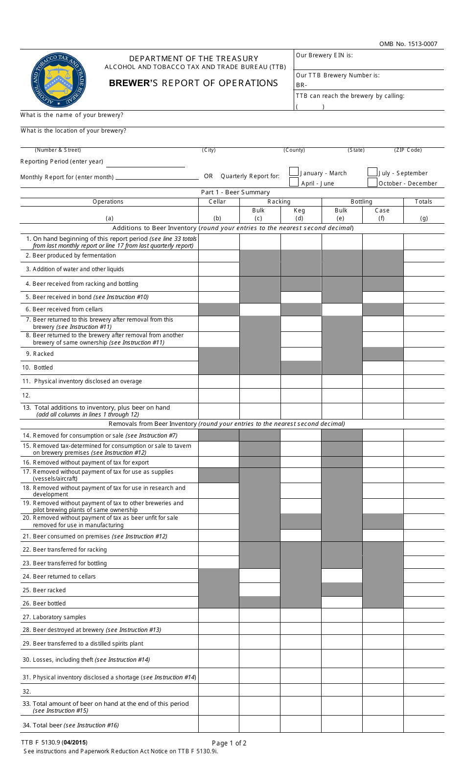 TTB Form 5130.9 Brewers Report of Operations, Page 1