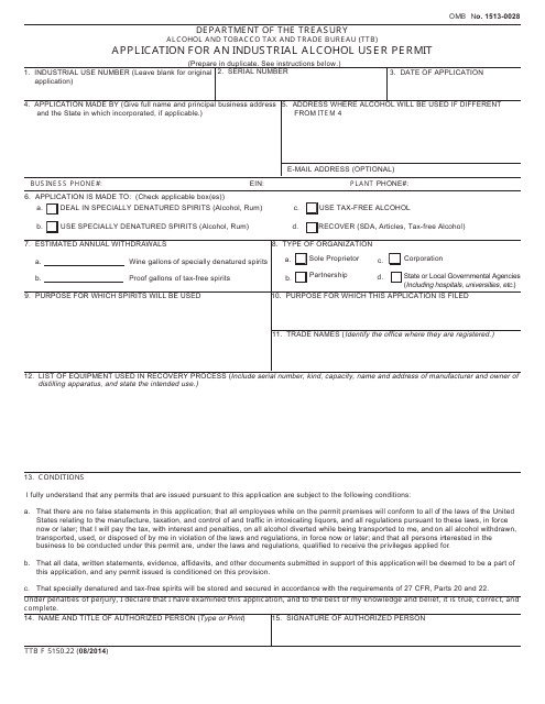 TTB Form 5150.22 Application for an Industrial Alcohol User Permit