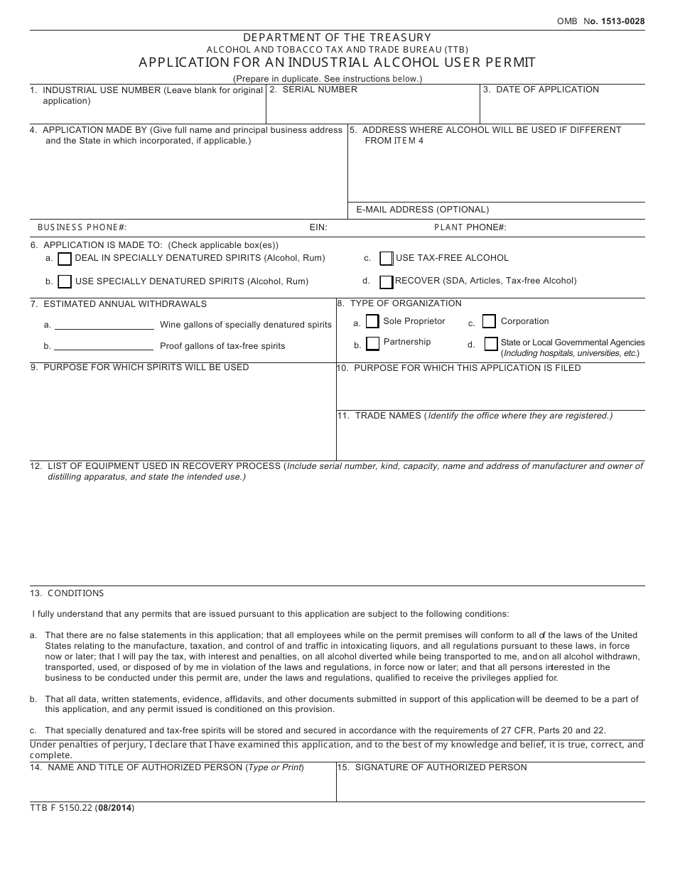TTB Form 5150.22 Application for an Industrial Alcohol User Permit, Page 1