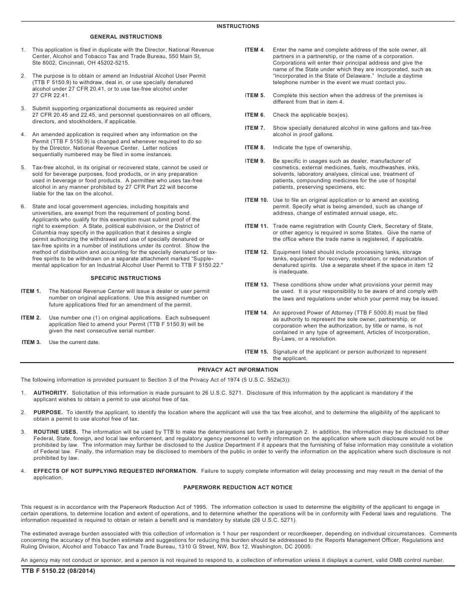TTB Form 5150.22 Application for an Industrial Alcohol User Permit, Page 2
