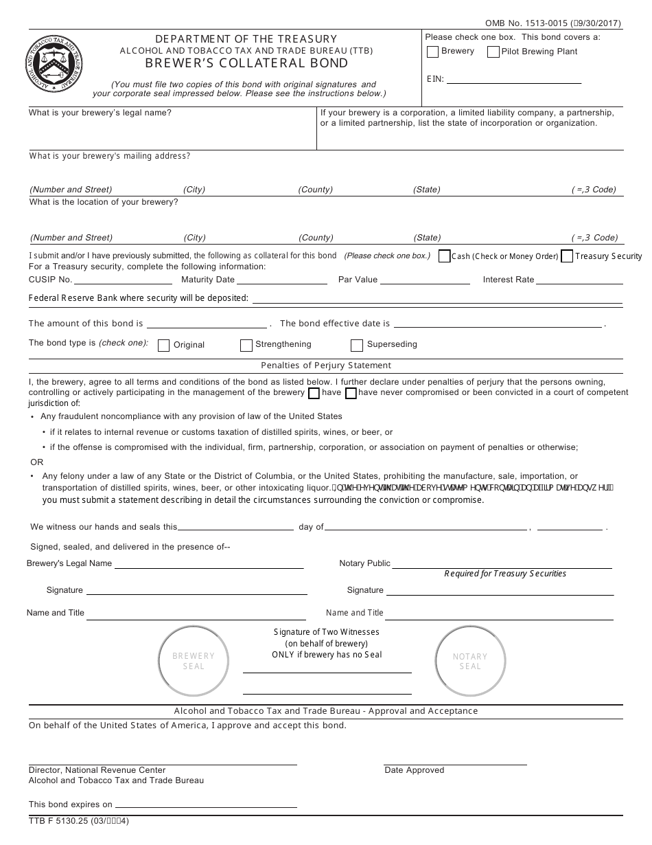 TTB Form 5130.25 Brewers Collateral Bond, Page 1
