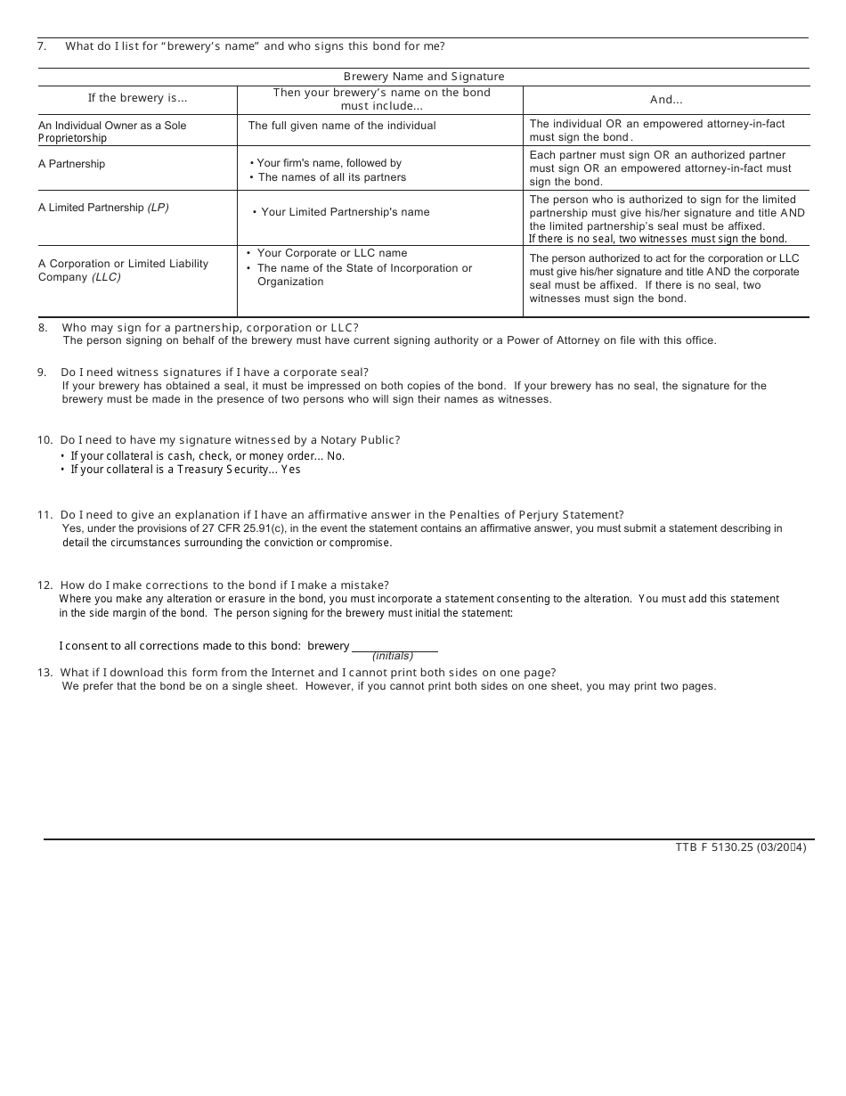 TTB Form 5130.25 Brewers Collateral Bond, Page 4